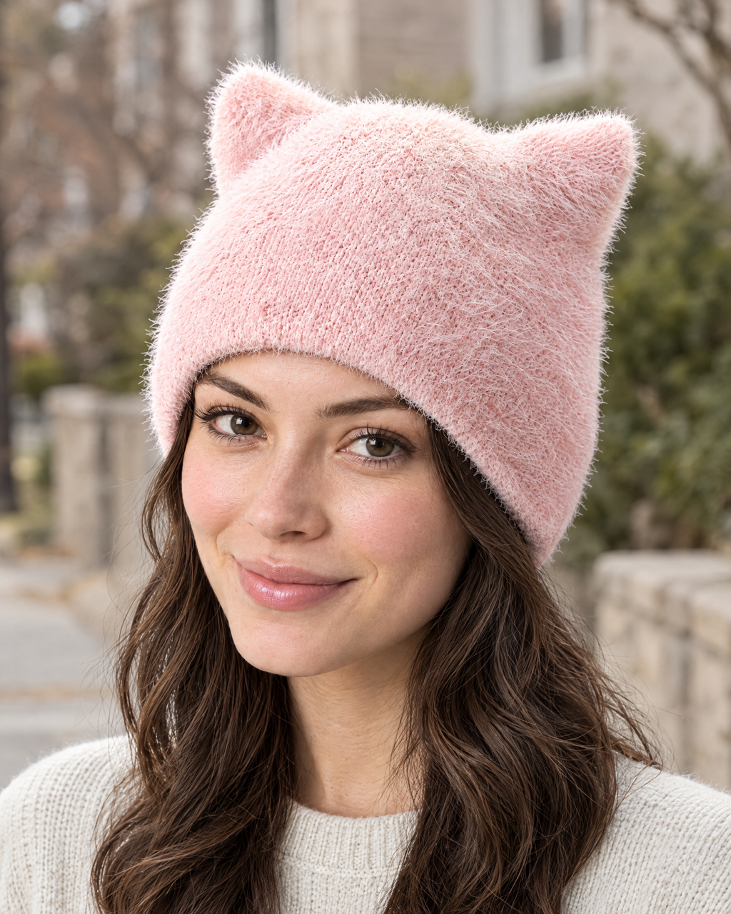 Plush Cat-Ear Knit Beanie — Pink — lifestyle [WB gallery 85/6]