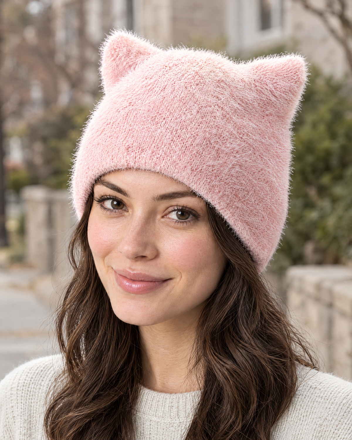 Plush Cat-Ear Knit Beanie — Pink — lifestyle [WB gallery 85/6]
