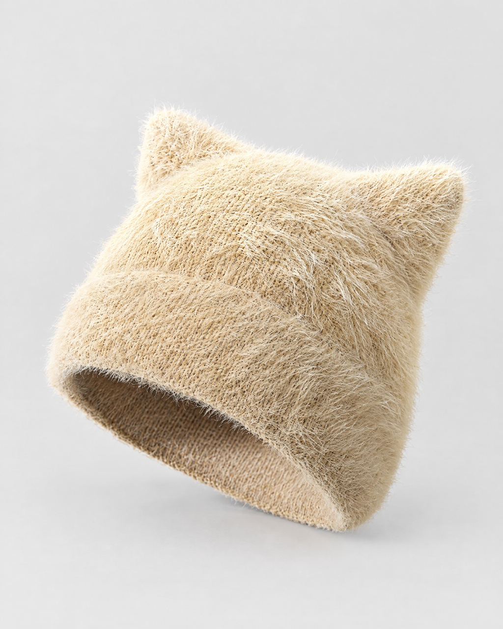 Plush Cat-Ear Knit Beanie — Khaki — product front [WB gallery 86/2]