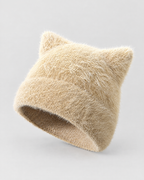 Plush Cat-Ear Knit Beanie — Khaki — product front [WB gallery 86/2]