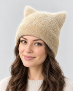 Plush Cat-Ear Knit Beanie — Khaki — fit detail [WB gallery 86/5]