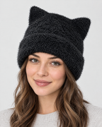 Plush Cat-Ear Knit Beanie — Black — fit detail [WB gallery 87/5]