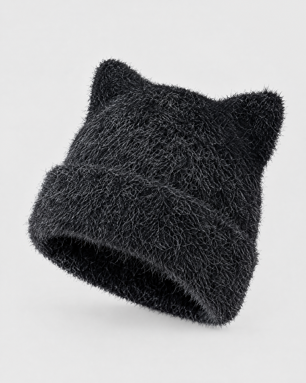 Plush Cat-Ear Knit Beanie — Black — product front [WB gallery 87/2]