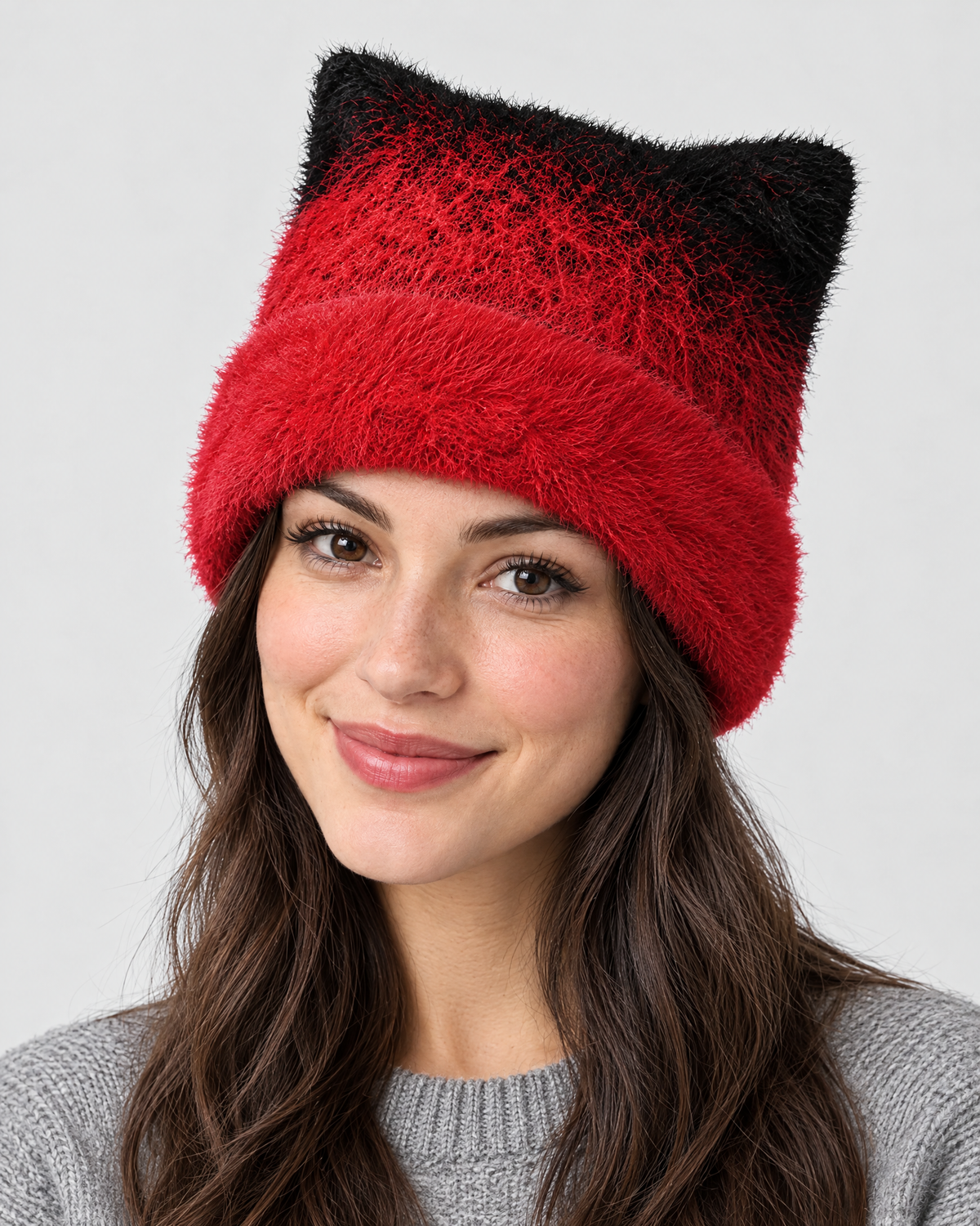 Plush Cat-Ear Knit Beanie — Red — fit detail [WB gallery 89/5]