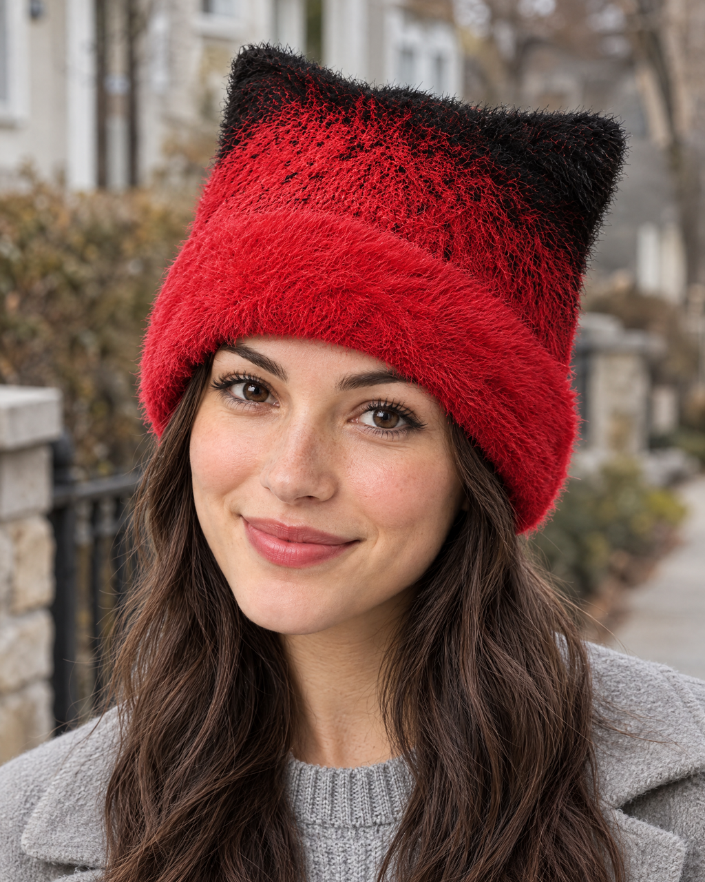 Plush Cat-Ear Knit Beanie — Red — lifestyle [WB gallery 89/6]