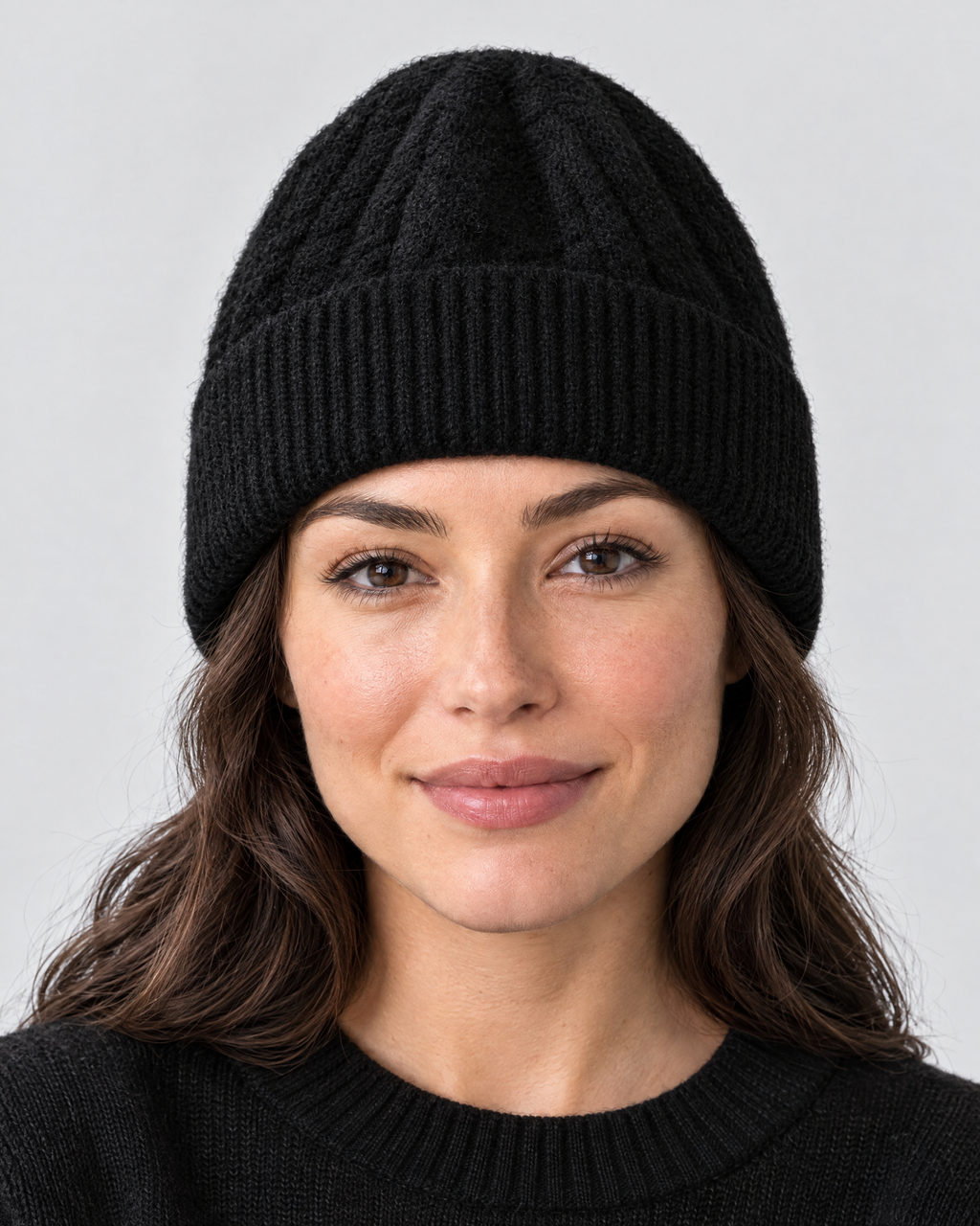 Thick-Knit Cashmere Beanie — Black — fit detail [WB gallery 91/5]