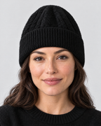 Thick-Knit Cashmere Beanie — Black — fit detail [WB gallery 91/5]