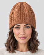 Thick-Knit Cashmere Beanie — Pumpkin brown — fit detail [WB gallery 92/5]