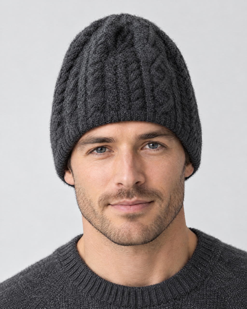 Thick-Knit Cashmere Beanie — Dark gray — fit detail [WB gallery 94/5]