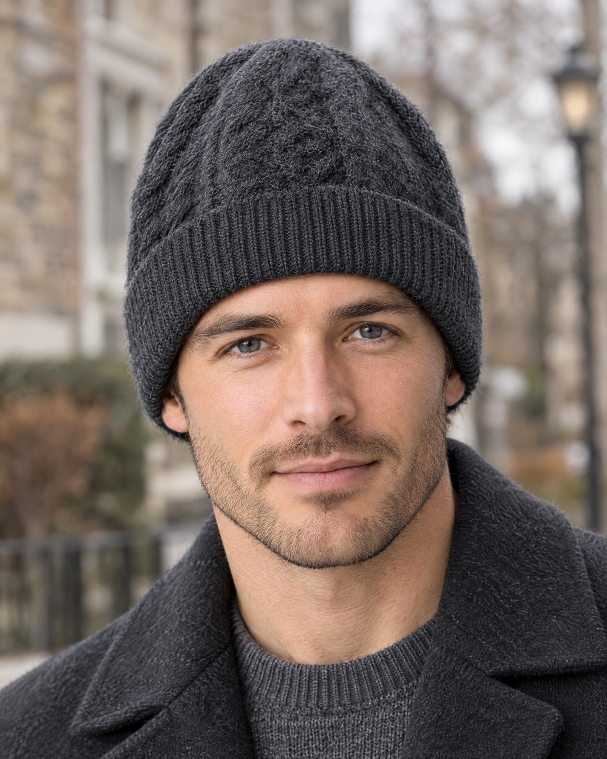 Thick-Knit Cashmere Beanie — Dark gray — lifestyle [WB gallery 94/6]