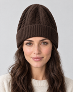 Thick-Knit Cashmere Beanie — Dark brown — fit detail [WB gallery 95/5]