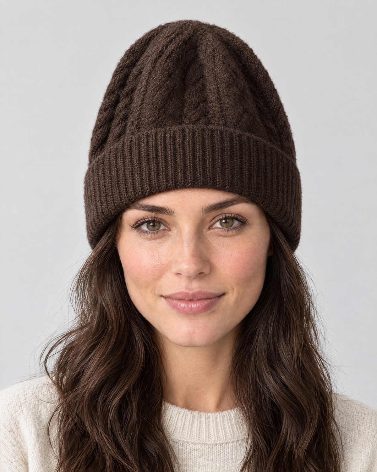 Thick-Knit Cashmere Beanie — Dark brown — fit detail [WB gallery 95/5]