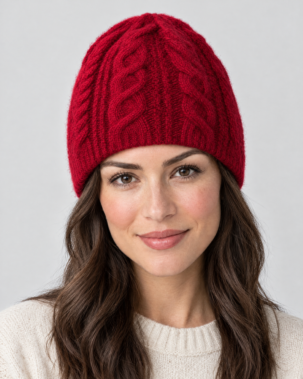 Thick-Knit Cashmere Beanie — Maroon red — fit detail [WB gallery 96/5]