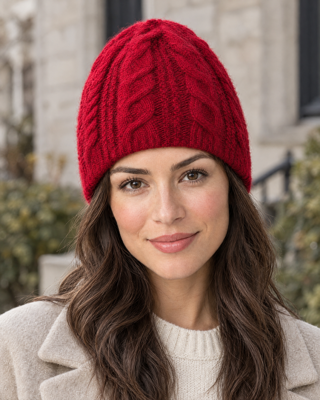 Thick-Knit Cashmere Beanie — Maroon red — lifestyle [WB gallery 96/6]