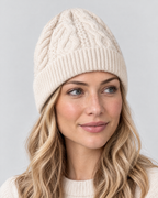 Thick-Knit Cashmere Beanie — Blue velvet color — fit detail [WB gallery 93/5]