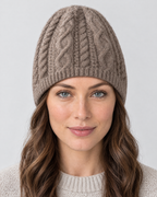 Thick-Knit Cashmere Beanie — Purple velvet color — fit detail [WB gallery 97/5]