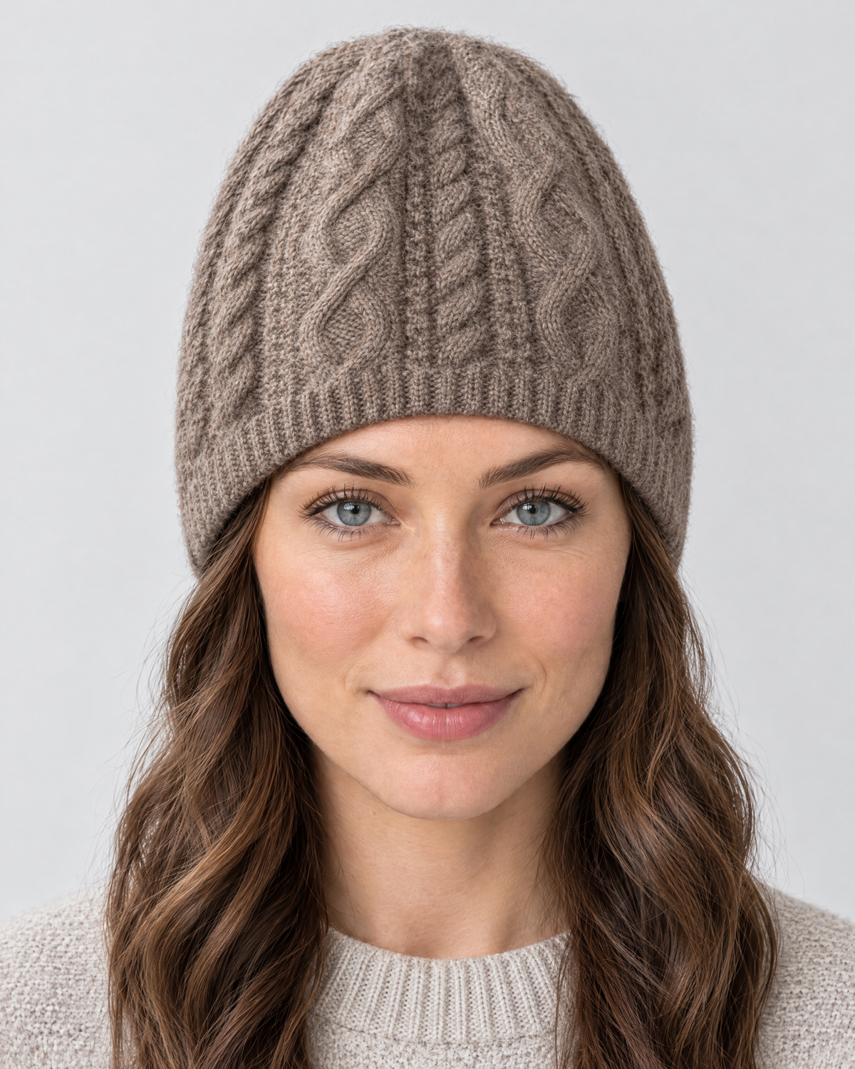 Thick-Knit Cashmere Beanie — Purple velvet color — fit detail [WB gallery 97/5]