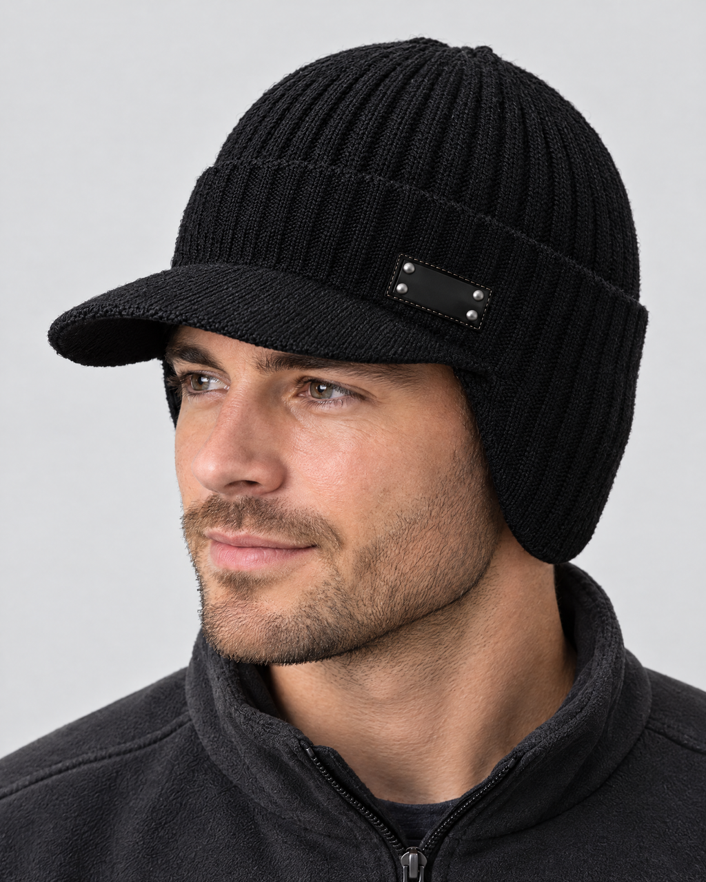 Fleece-Lined Knit Visor Hat — L2 Black — fit detail [WB gallery 98/5]