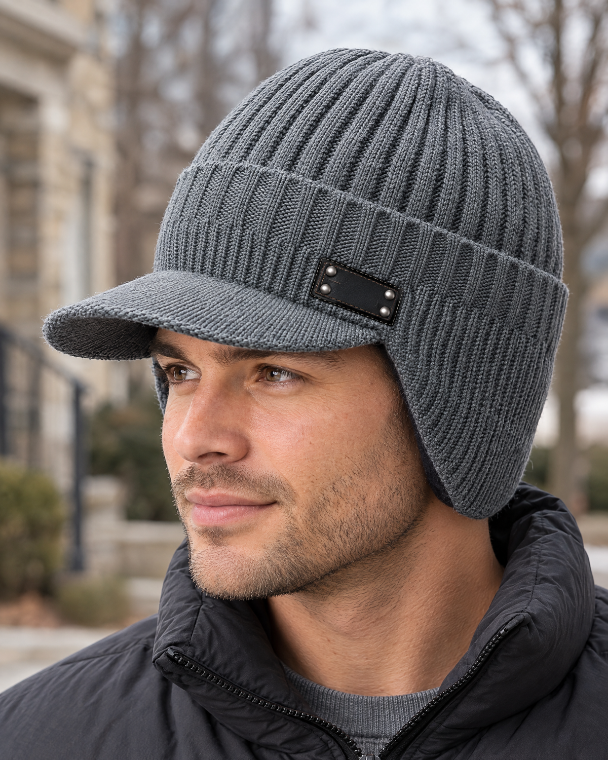Fleece-Lined Knit Visor Hat — L2 Gray — lifestyle [WB gallery 99/6]