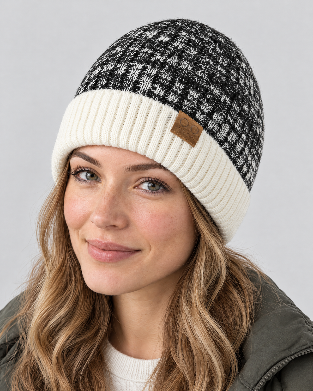 Classic Fleece-Lined Knit Beanie — Off-White — fit detail [WB gallery 103/5]