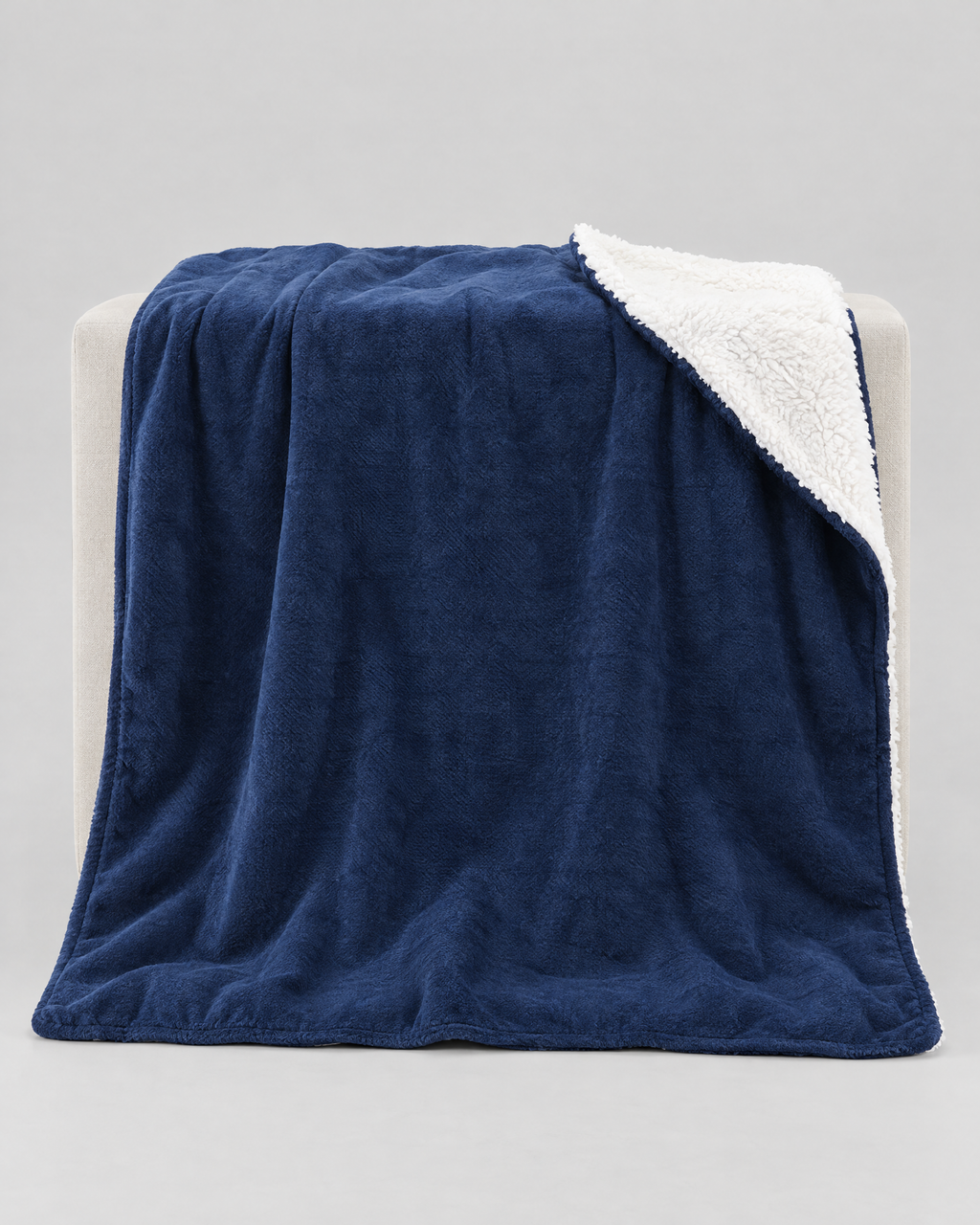 Double-Layer Sherpa Throw Blanket — Navy blue — open drape [WB gallery 108/2]