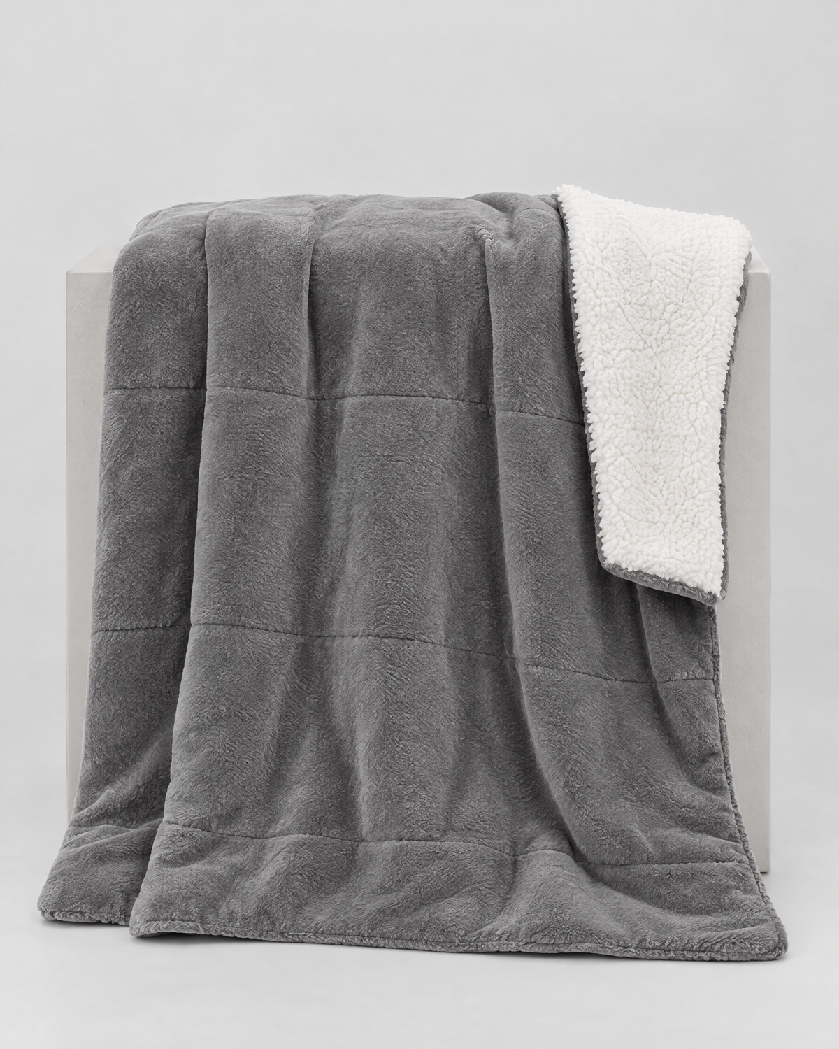 Double-Layer Sherpa Throw Blanket — Grey — open drape [WB gallery 109/2]