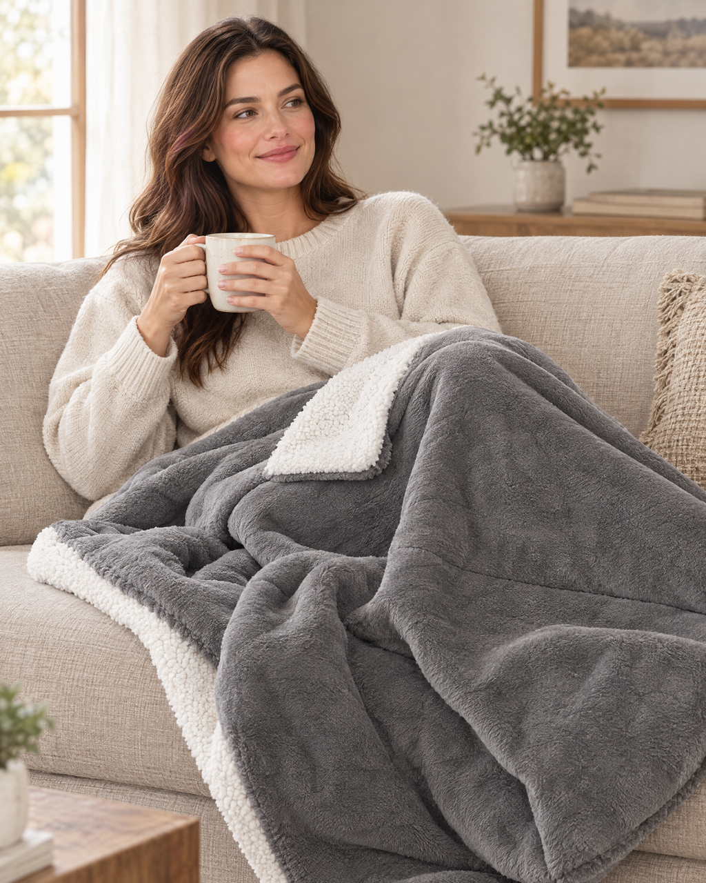 Double-Layer Sherpa Throw Blanket — Grey — lifestyle [WB gallery 109/5]