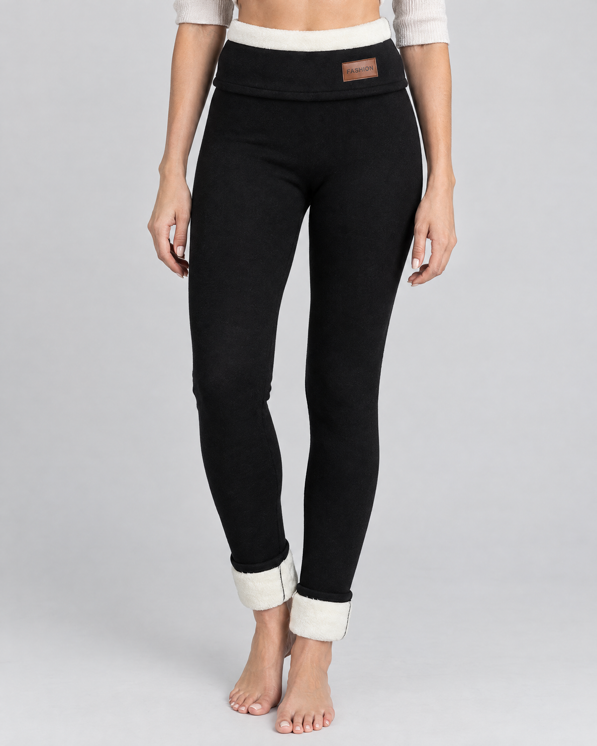 Women's High-Waist Fleece-Lined Leggings — Letter leather label Black lambswool — hero [WB gallery 114/1]
