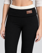 Women's High-Waist Fleece-Lined Leggings — Letter leather label Black lambswool — collar detail [WB gallery 114/4]