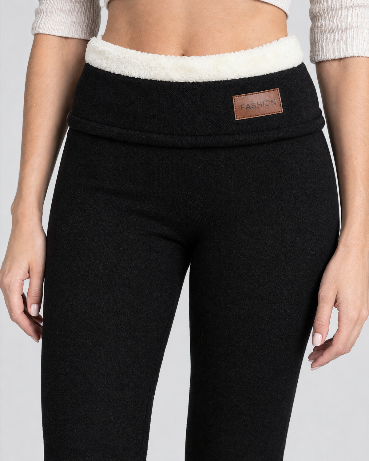 Women's High-Waist Fleece-Lined Leggings — Letter leather label Black lambswool — collar detail [WB gallery 114/4]