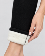 Women's High-Waist Fleece-Lined Leggings — Letter leather label Black lambswool — cuff detail [WB gallery 114/5]