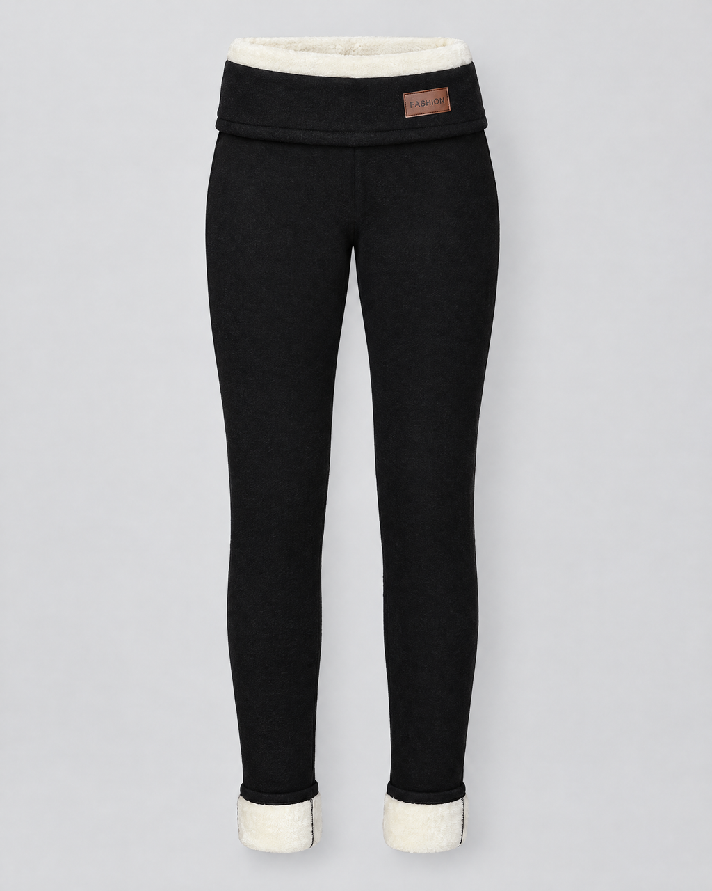 Women's High-Waist Fleece-Lined Leggings — Letter leather label Black lambswool — product front [WB gallery 114/6]