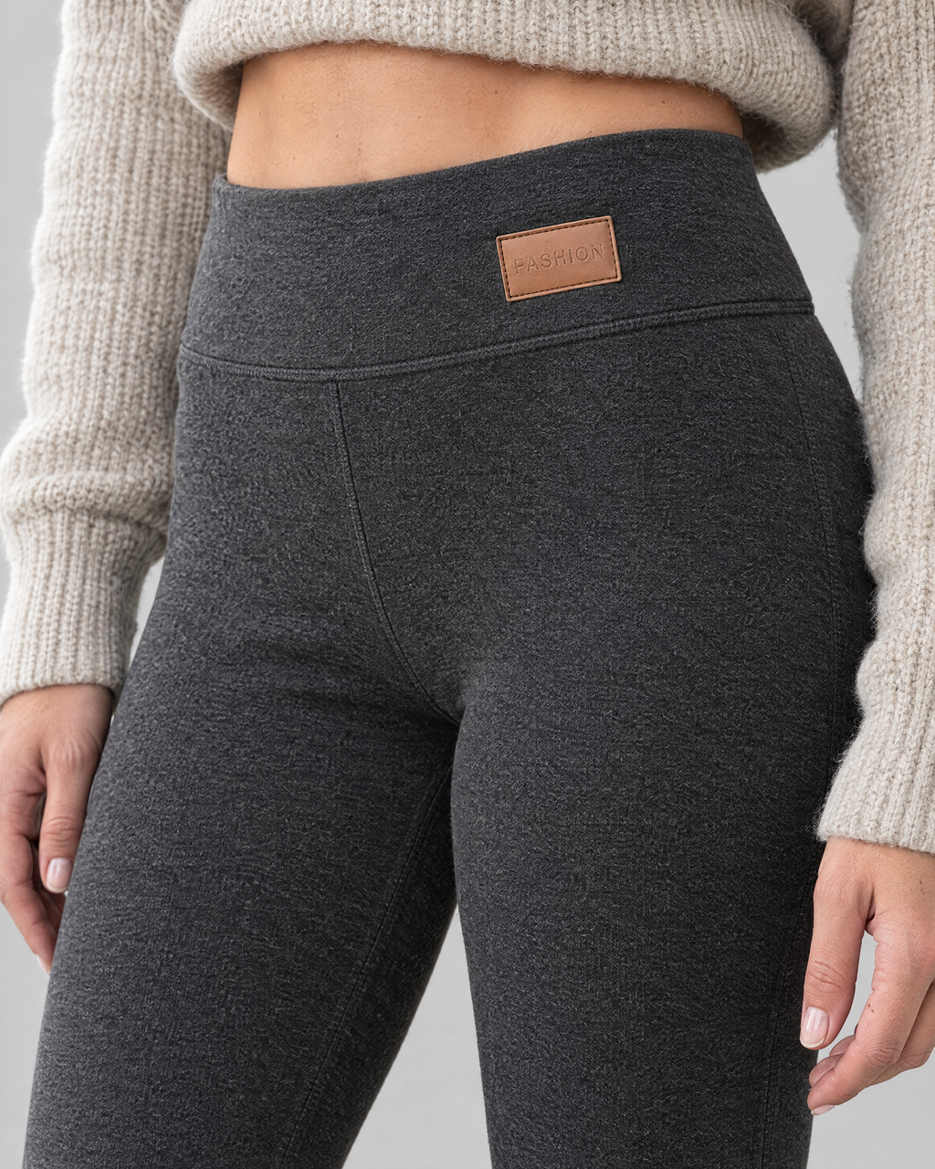 Women's High-Waist Fleece-Lined Leggings — Letter leather label dark gray lambswool — collar detail [WB gallery 115/4]