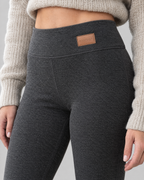 Women's High-Waist Fleece-Lined Leggings — Letter leather label dark gray lambswool — collar detail [WB gallery 115/4]