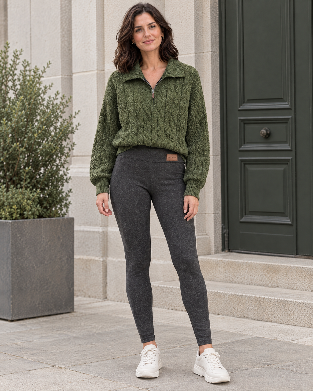 Women's High-Waist Fleece-Lined Leggings — Letter leather label dark gray lambswool — full front [WB gallery 115/2]