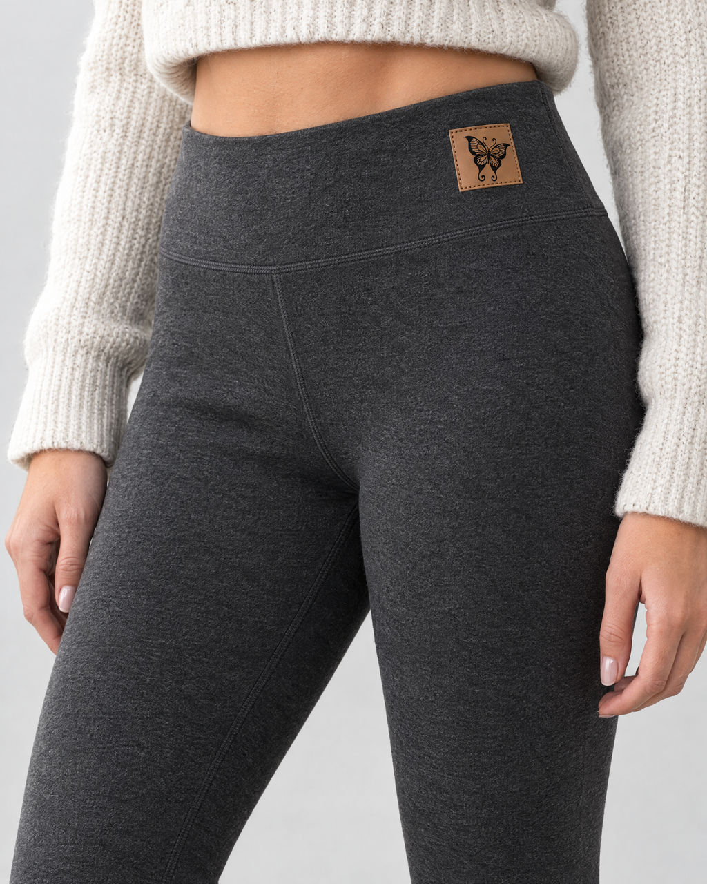 Women's High-Waist Fleece-Lined Leggings — Butterfly leather label Gray lambswool — collar detail [WB gallery 116/4]