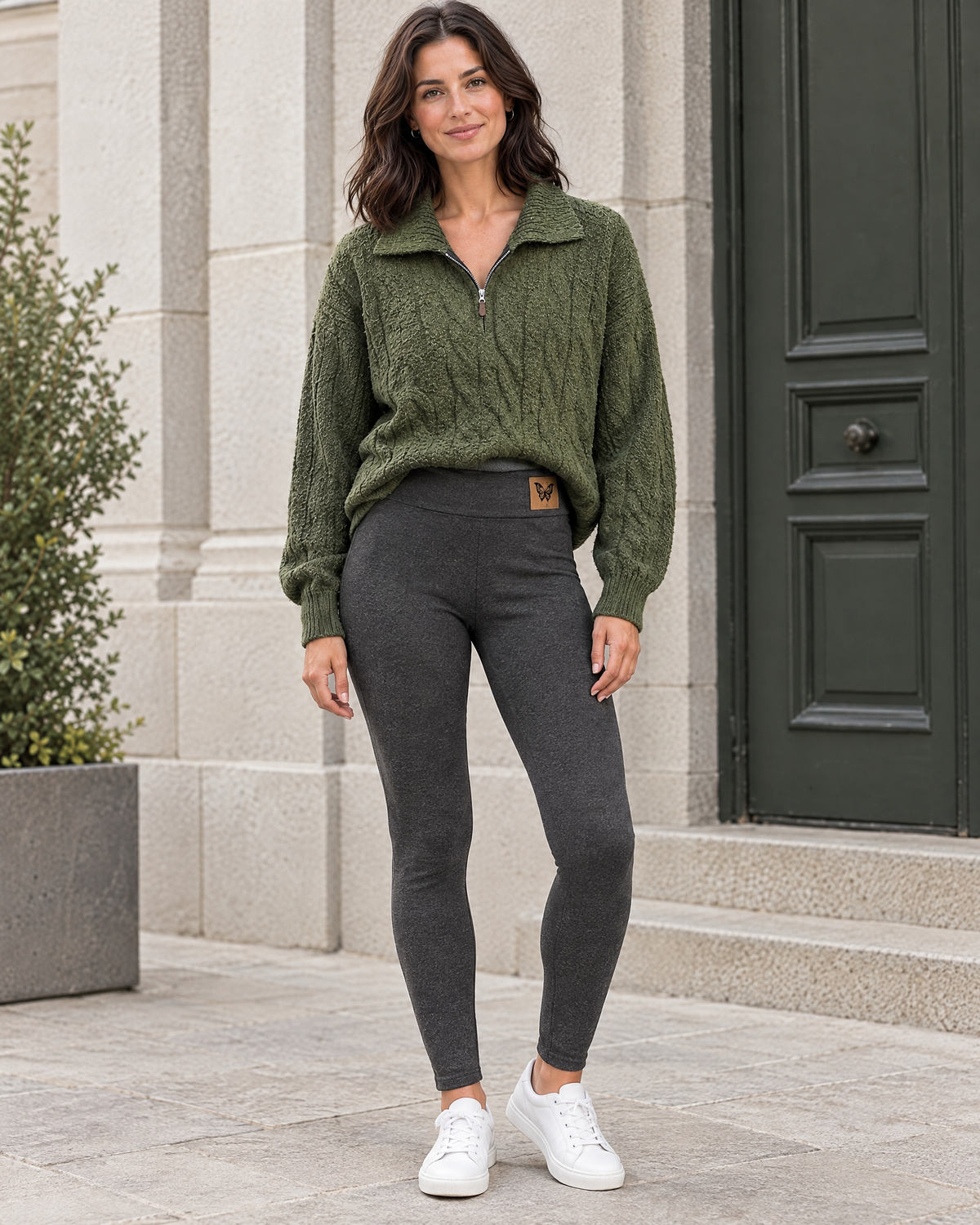 Women's High-Waist Fleece-Lined Leggings — Butterfly leather label Gray lambswool — full front [WB gallery 116/2]