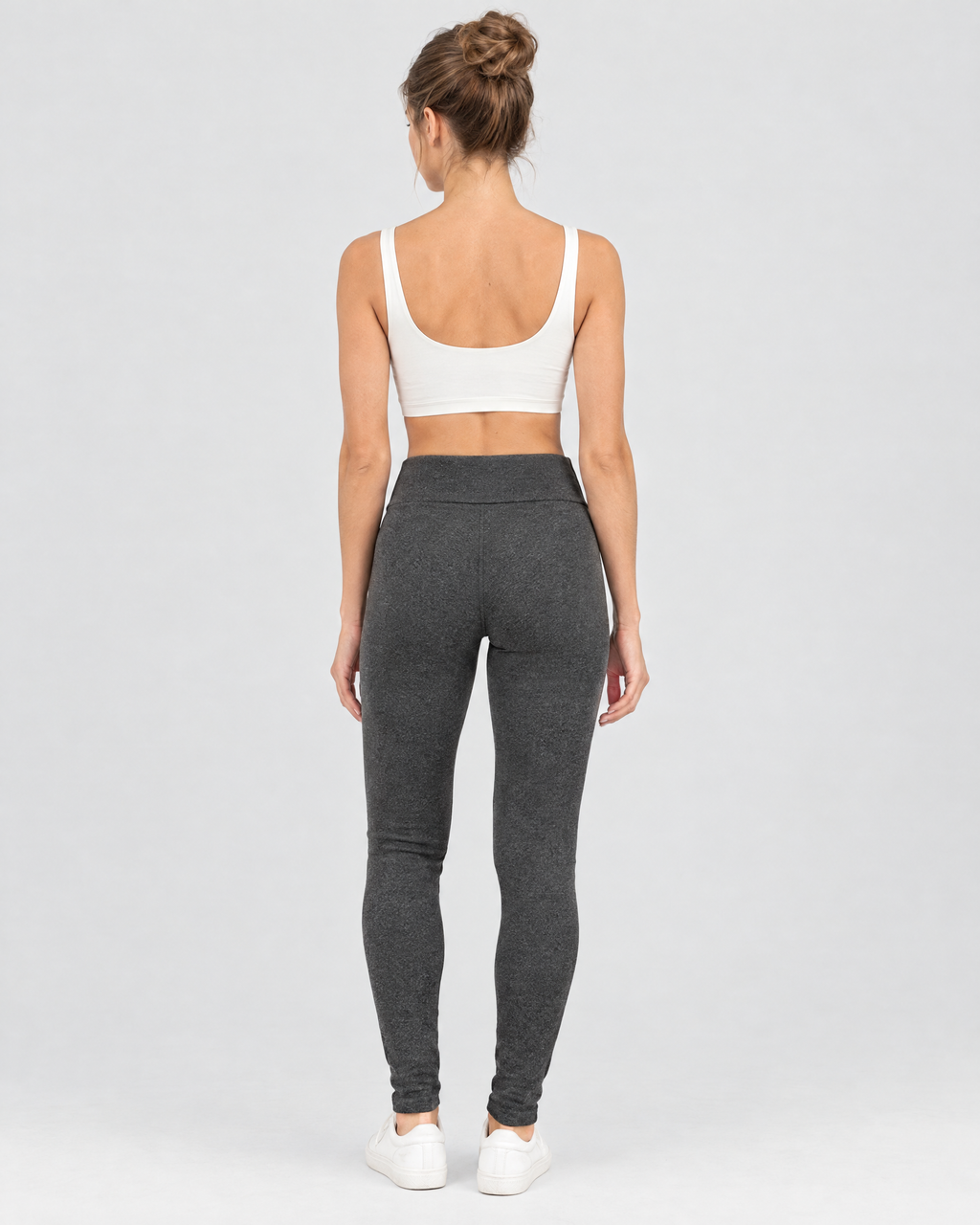 Women's High-Waist Fleece-Lined Leggings — Letter leather label dark gray lambswool — full back [WB gallery 115/3]