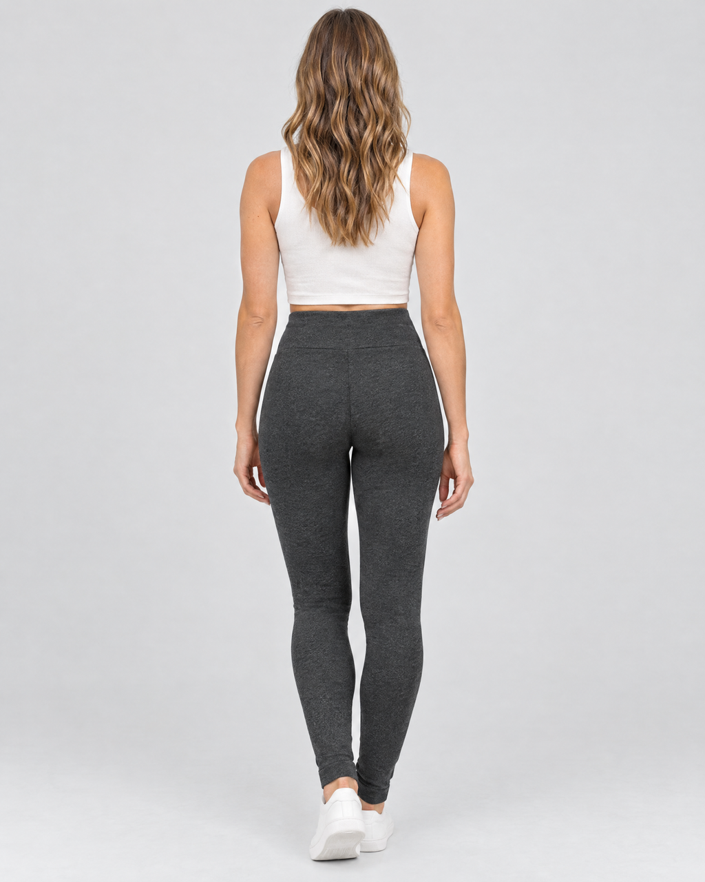 Women's High-Waist Fleece-Lined Leggings — Butterfly leather label Gray lambswool — full back [WB gallery 116/3]
