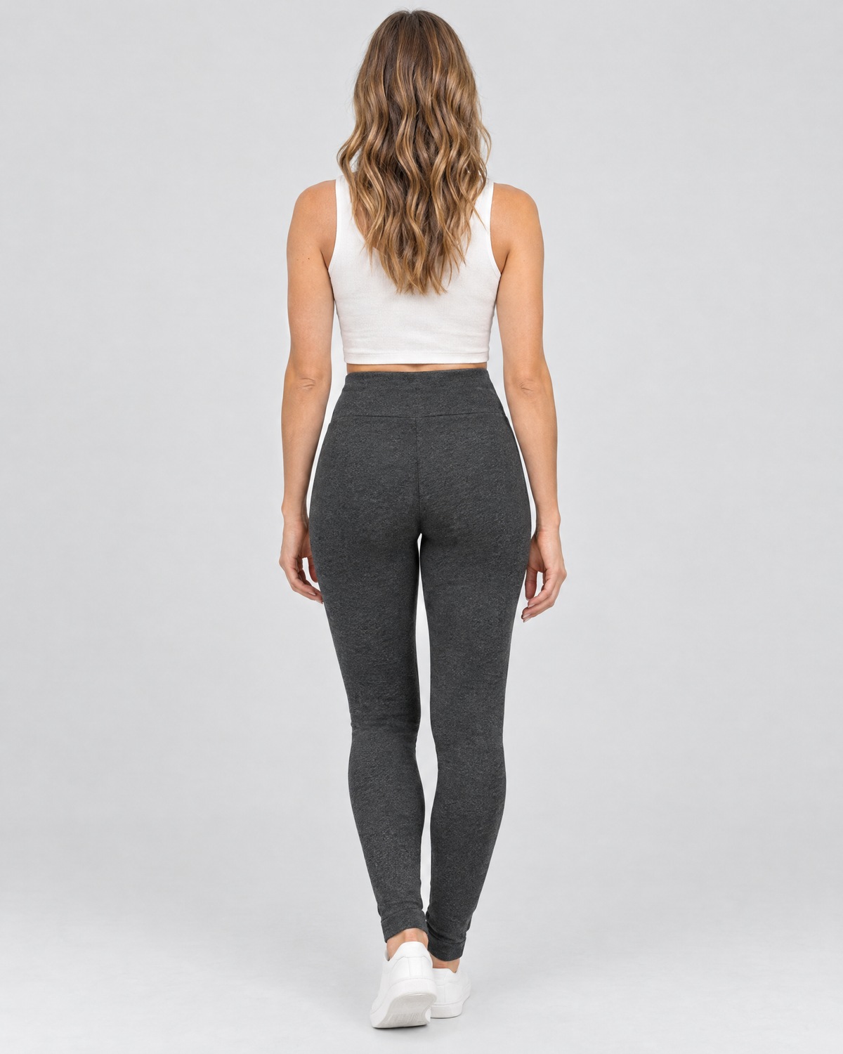 Women's High-Waist Fleece-Lined Leggings — Butterfly leather label Gray lambswool — full back [WB gallery 116/3]