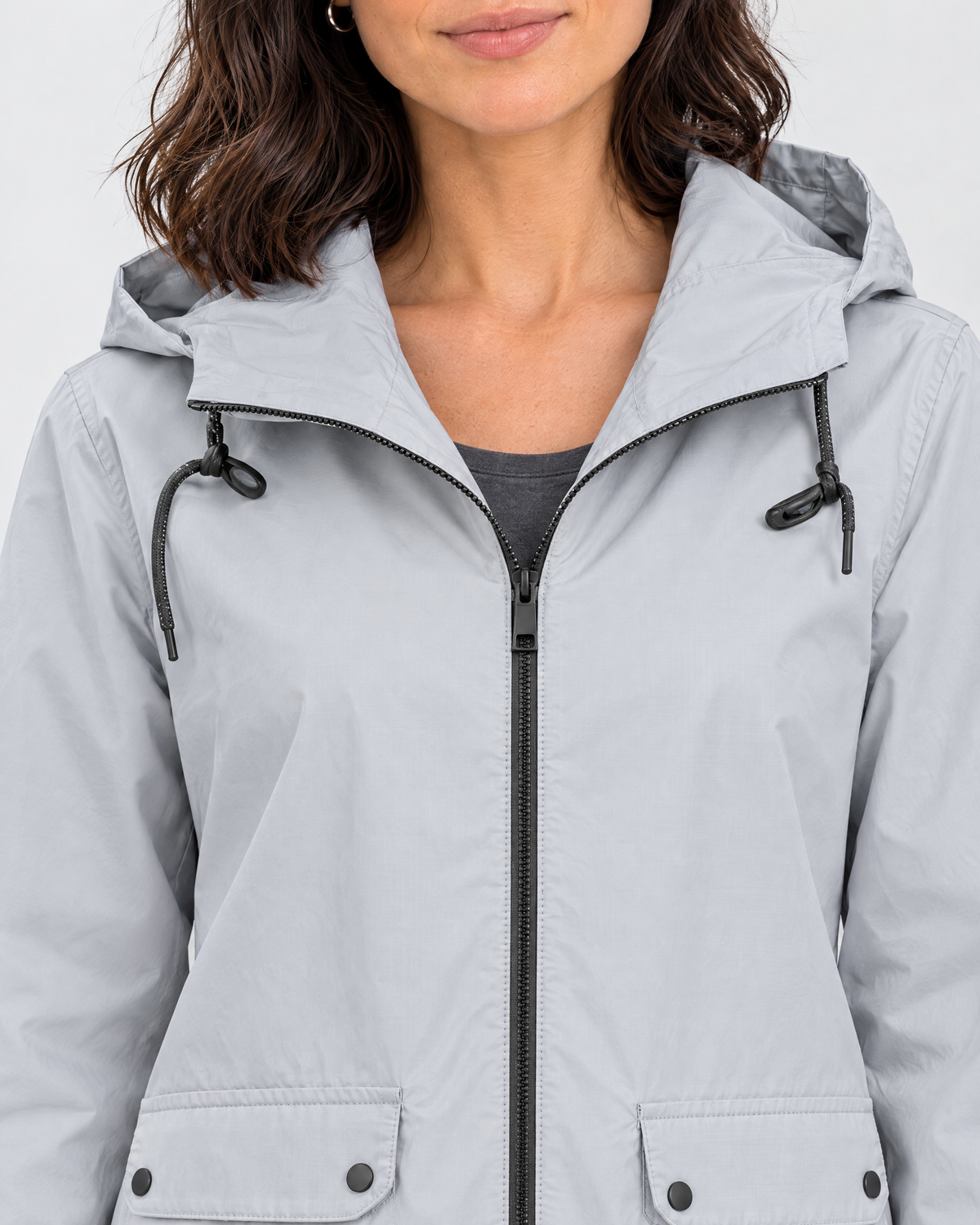 Women's Lightweight Hooded Jacket — Gray — collar detail [WB gallery 117/4]