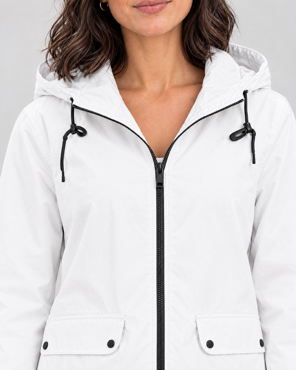 Women's Lightweight Hooded Jacket — White — collar detail [WB gallery 123/4]