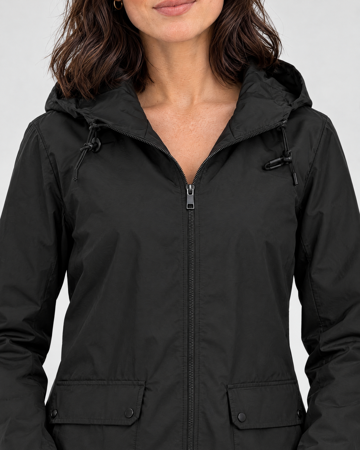 Women's Lightweight Hooded Jacket — Black — collar detail [WB gallery 124/4]
