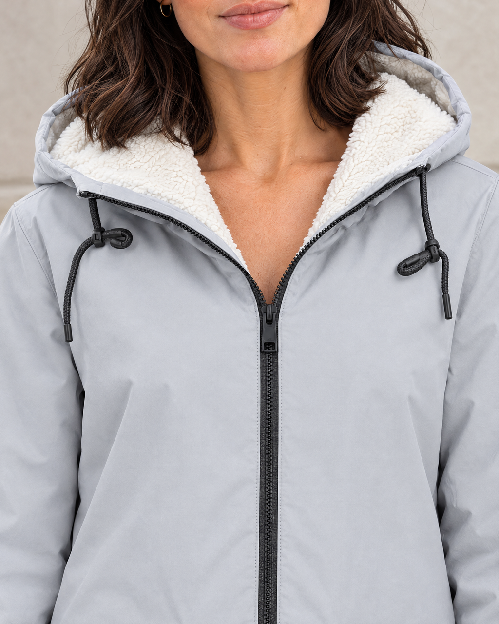 Women's Fleece-Lined Hooded Jacket — Grey — collar detail [WB gallery 125/4]