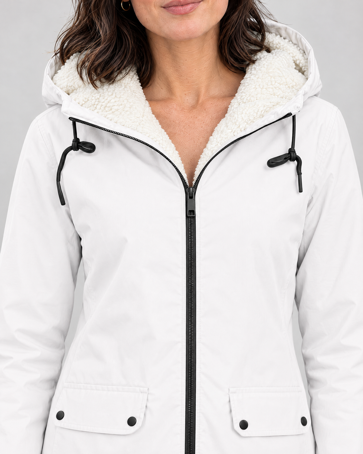 Women's Fleece-Lined Hooded Jacket — White — collar detail [WB gallery 126/4]