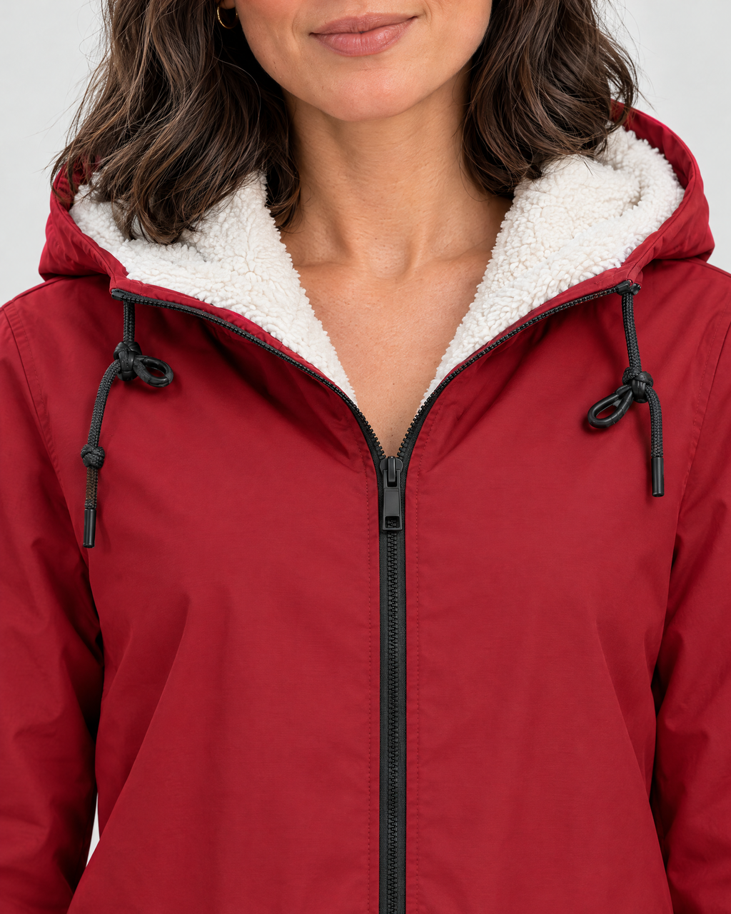 Women's Fleece-Lined Hooded Jacket — Red — collar detail [WB gallery 128/4]