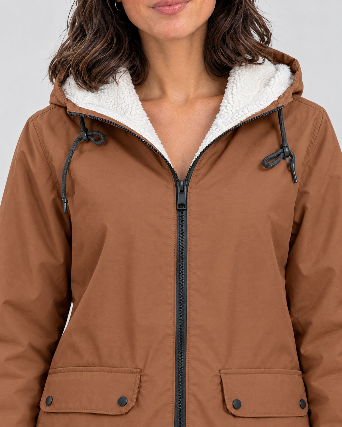 Women's Fleece-Lined Hooded Jacket — Coffee — collar detail [WB gallery 129/4]