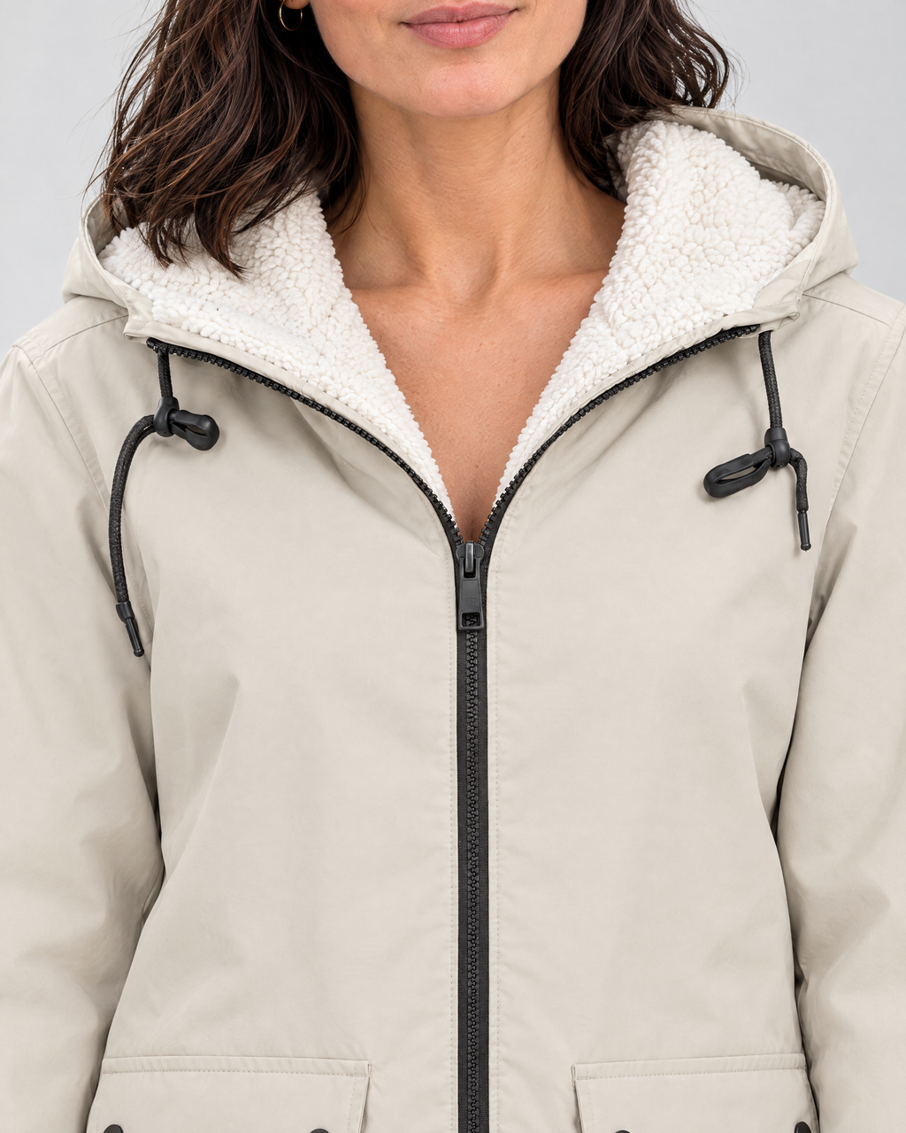 Women's Fleece-Lined Hooded Jacket — Apricot — collar detail [WB gallery 131/4]