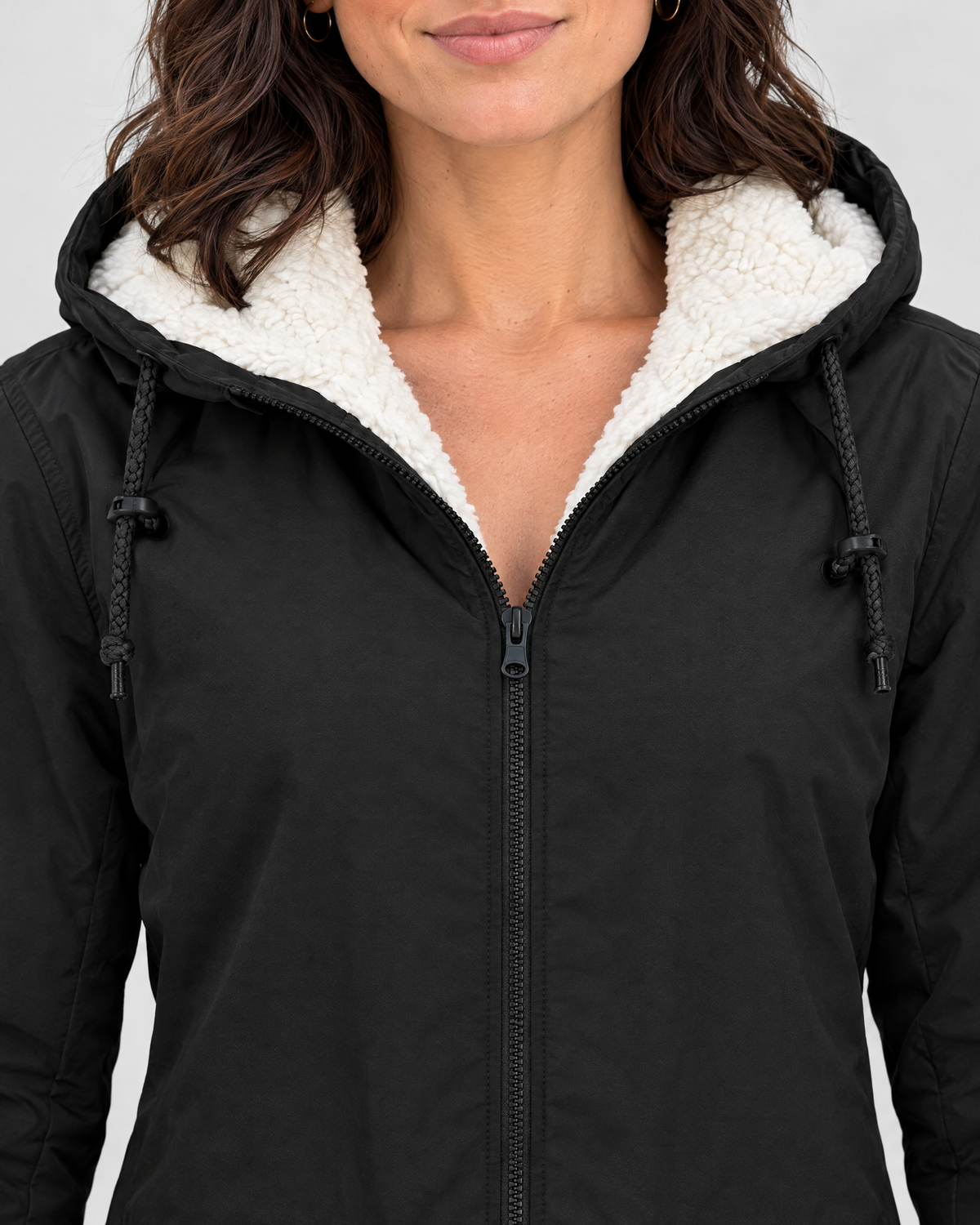Women's Fleece-Lined Hooded Jacket — Black — collar detail [WB gallery 132/4]