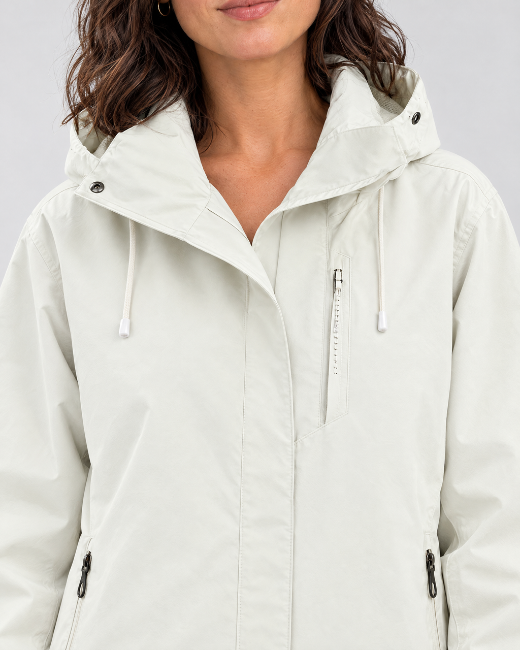Women's Hooded Outdoor Jacket — Apricot single jacket — collar detail [WB gallery 133/4]